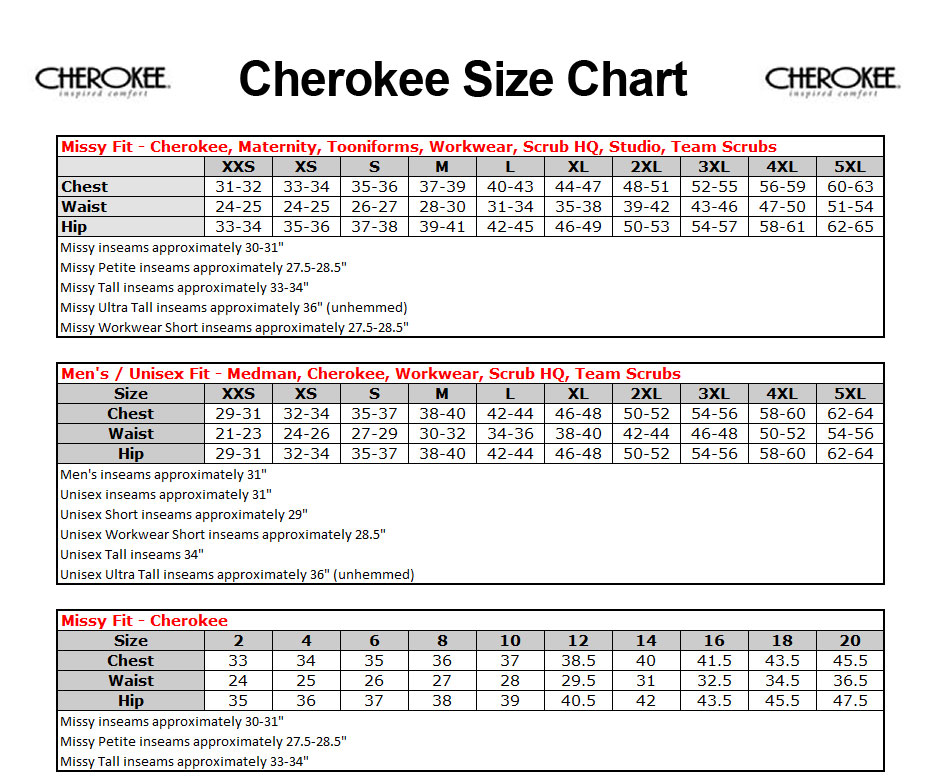 Cherokee Lab Coat Size Chart