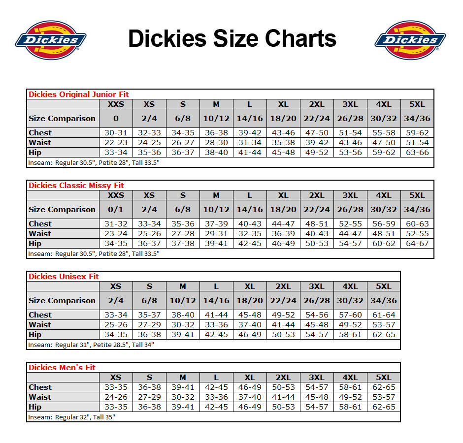 Dickies Pants Size Chart